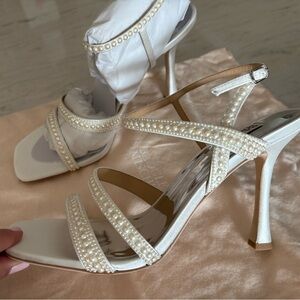 Badgley Mischka Brynlee Bejeweled Strappy Sandal Satin 8 1/2, NWT & dust cover